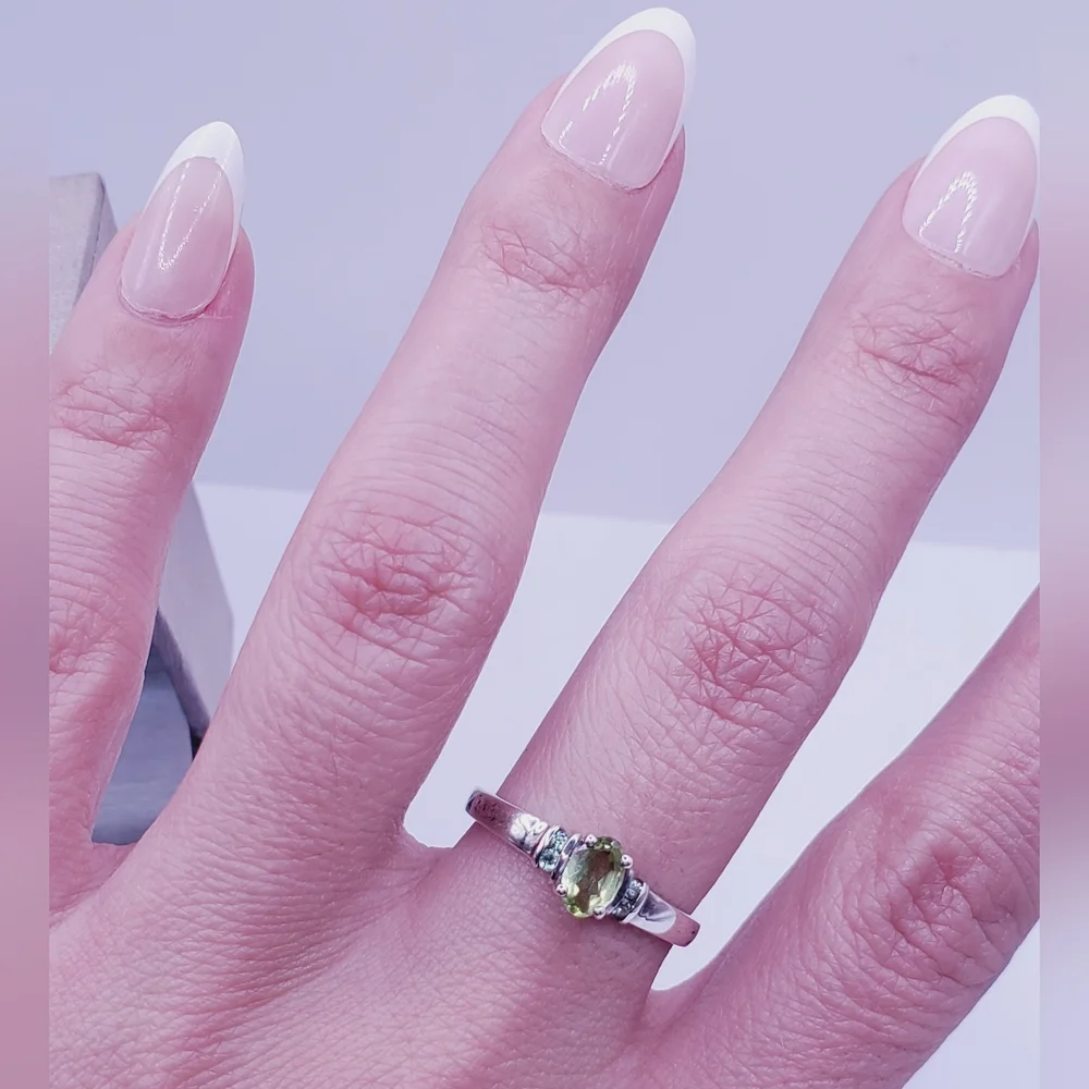 Genuine Green Oval Peridot 925 Sterling Silver Dainty Stackable Ring